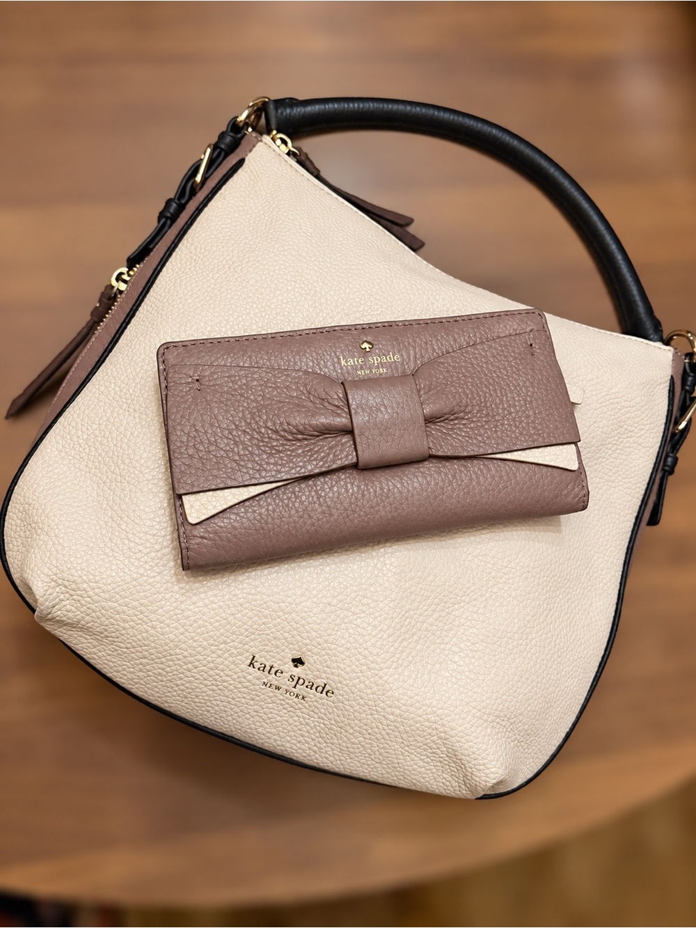 Kate Spade Cream Shoulder Bag with Taupe Bow Wallet